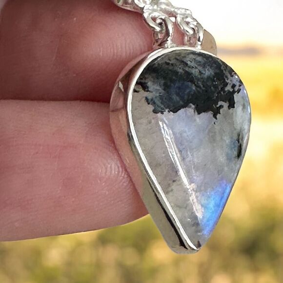 Sterling Silver Natural Black Tourmaline In Rainbow Moonstone Pendant - Picture 5 of 7